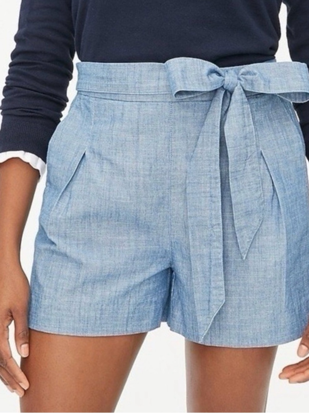 J Crew High-Waist Tie-Belt Chambray Women’s Shorts - Light Blue